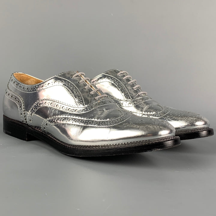 CHURCH'S Size 7.5 Silver Perforated Metallic Leather Wingtip Shoes