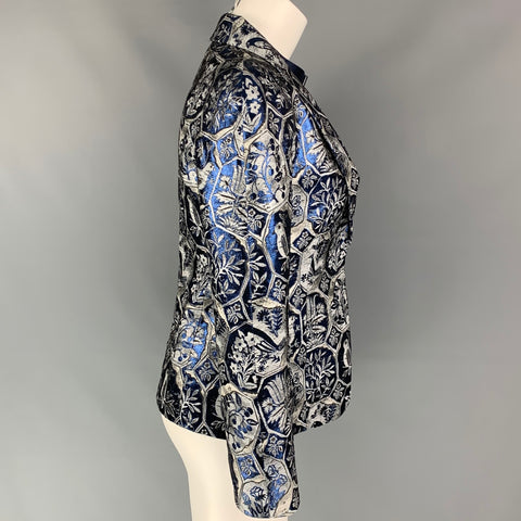 GIORGIO ARMANI Chaqueta con cuello chal en mezcla de acetato jacquard azul y gris talla 2