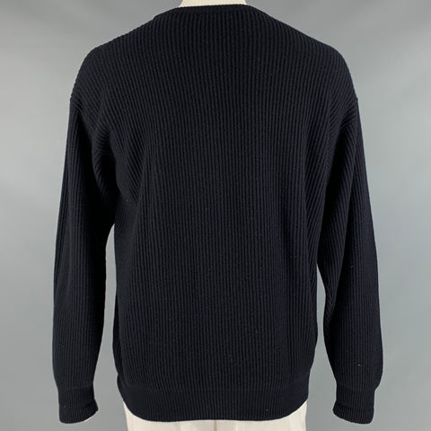MANRICO Size XXL Navy Ribbed Knit Cashmere Crew-Neck Sweater
