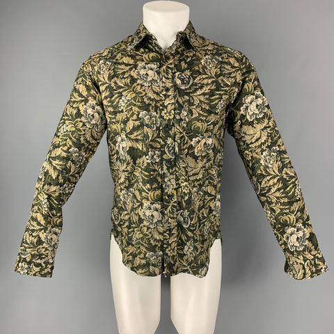 UNIS Size X-Small Green Olive Floral Cotton Long Sleeve Shirt