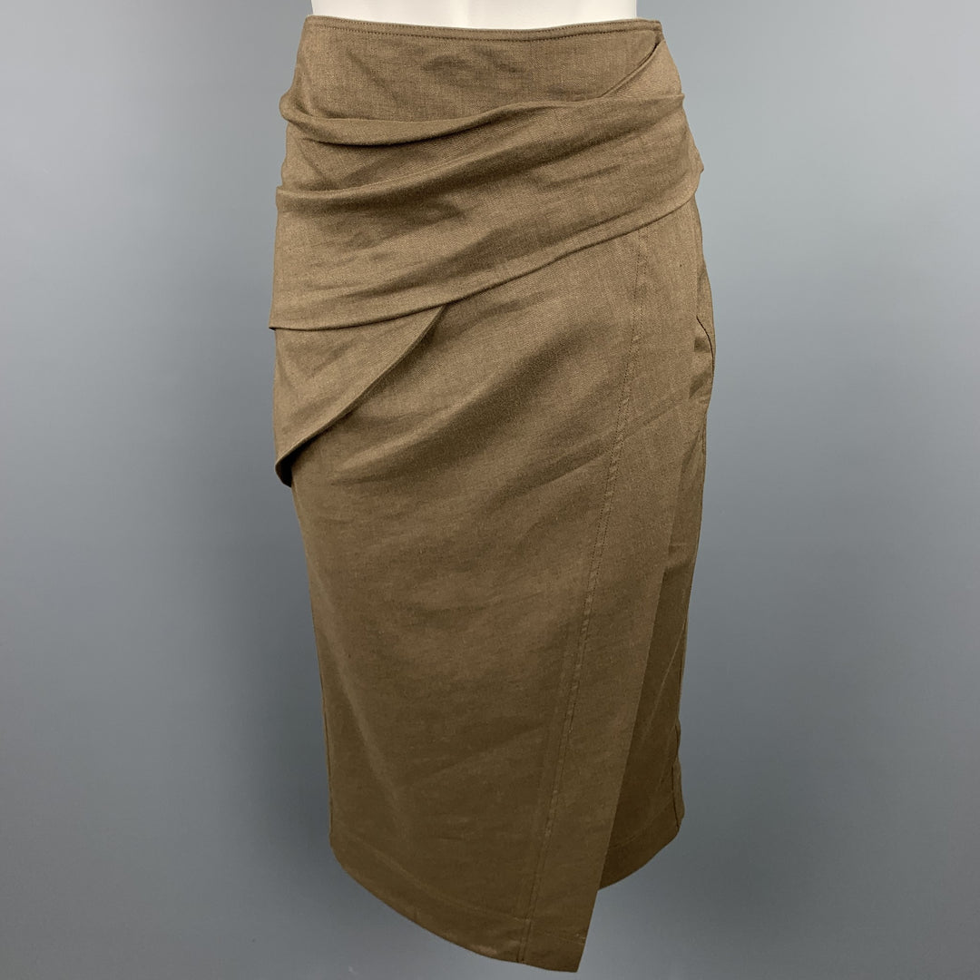 DONNA KARAN Size 4 Olive Twill Wool / Linen Draped Skirt