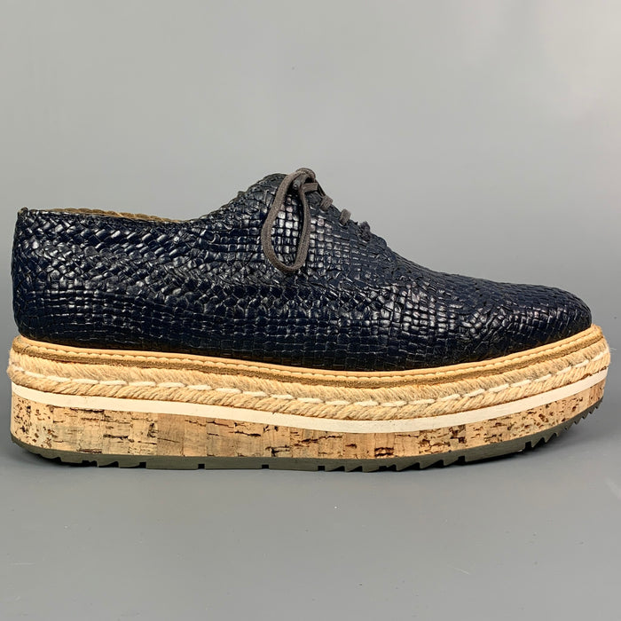 PRADA Size 10 Navy Woven Leather Cork Platform Dress Shoes