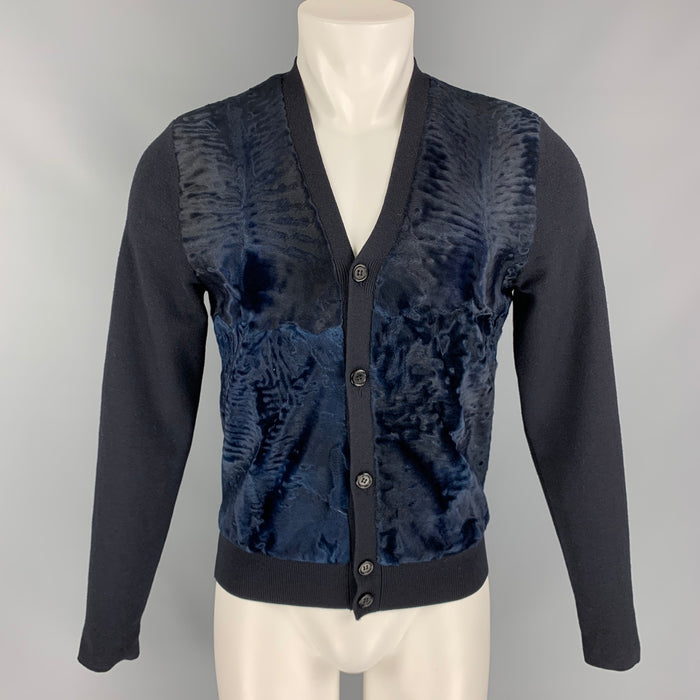 PRADA 2000 Size 40 Black & Navy Russian Broadtail Wool V-Neck Cardigan