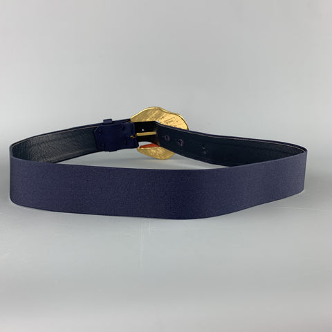 OSCAR DE LA RENTA Size 8 Navy Silk Gold Tone Coral Enamel Buckle Belt