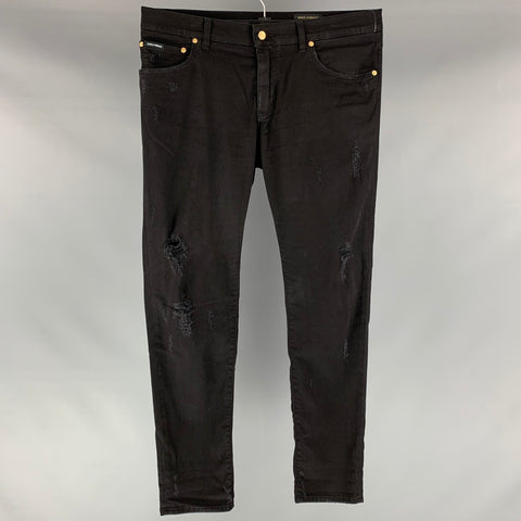 DOLCE & GABBANA Size 36 Black Distressed Cotton Elastane Zip Fly Jeans