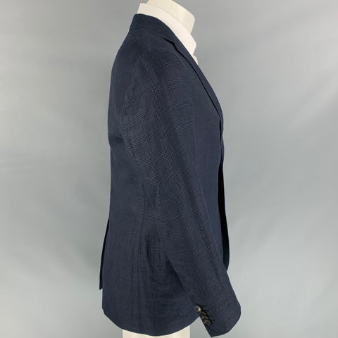 SALVATORE FERRAGAMO Size 38 Navy Plaid Linen Blend Notch Lapel Sport Coat