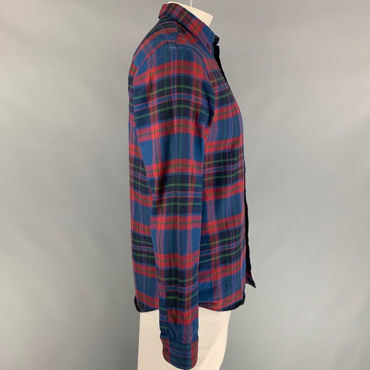 A.P.C. Size L Blue & Red Plaid Cotton / Linen Button Down Long Sleeve Shirt