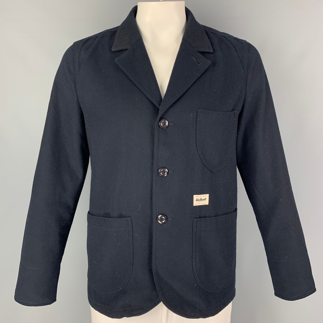 Vintage CARHARTT Size L Navy Twill Wool Polyester Single Breasted Jacket