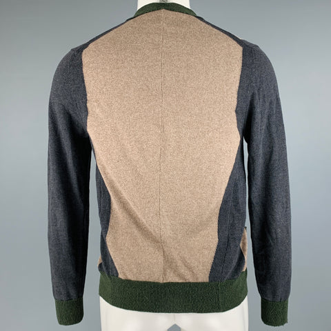 GOLDEN GOOSE Size M Brown Grey Color Block Merino Wool Cotton V-Neck Cardigan