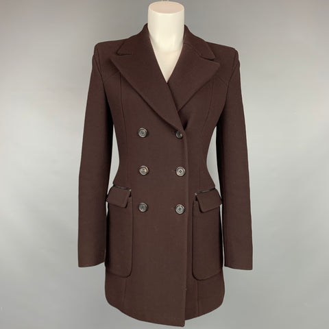 PRADA Taille 2 Manteau à double boutonnage en laine vierge marron mélangée