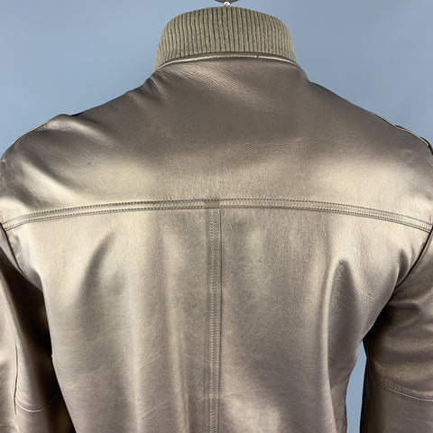 KENNETH COLE 42 Gold Metallic Leather Zip Up Vintage Bomber Style Jacket