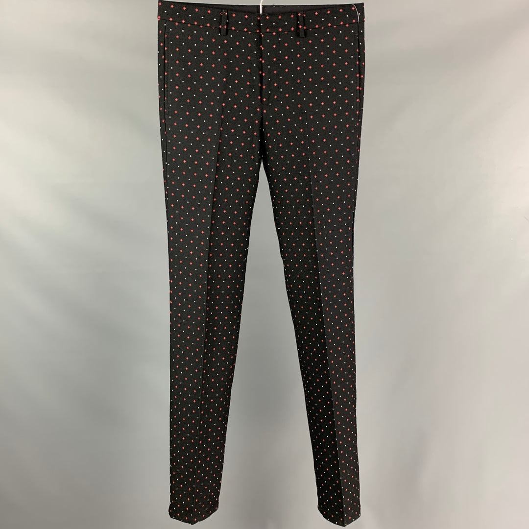 GIVENCHY Taille 32 Pantalon habillé en laine / polyester à imprimé losange noir et rouge avec braguette zippée
