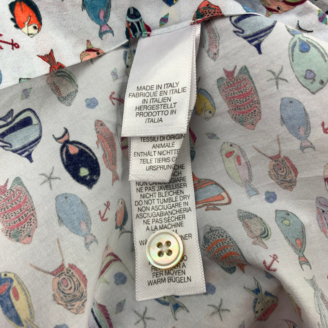 PAUL SMITH Talla M Camisa blanca de manga larga con botones de algodón con estampado de peces