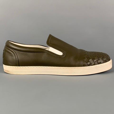 BOTTEGA VENETA Size 7.5 Olive White Woven Leather Slip On Sneakers