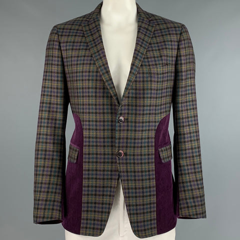 ETRO Size 46 Multi-Color Purple Plaid Wool Notch Lapel Sport Coat