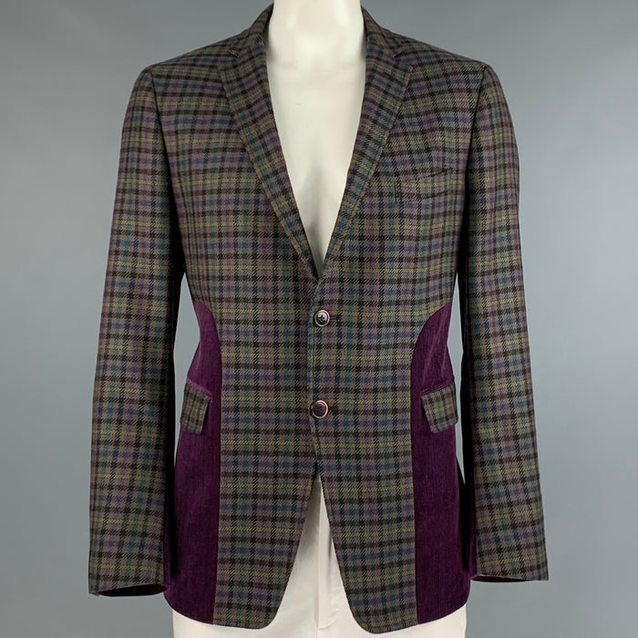 ETRO Size 46 Multi-Color Purple Plaid Wool Notch Lapel Sport Coat
