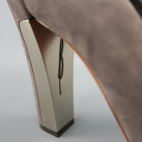BRIAN ATWOOD Size 7.5 Taupe Suede Metal Chunky Heel Pumps