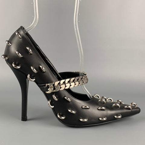 GIVENCHY Talla 8 Zapatos Mary Jane con cadena de cuero negro y plateado