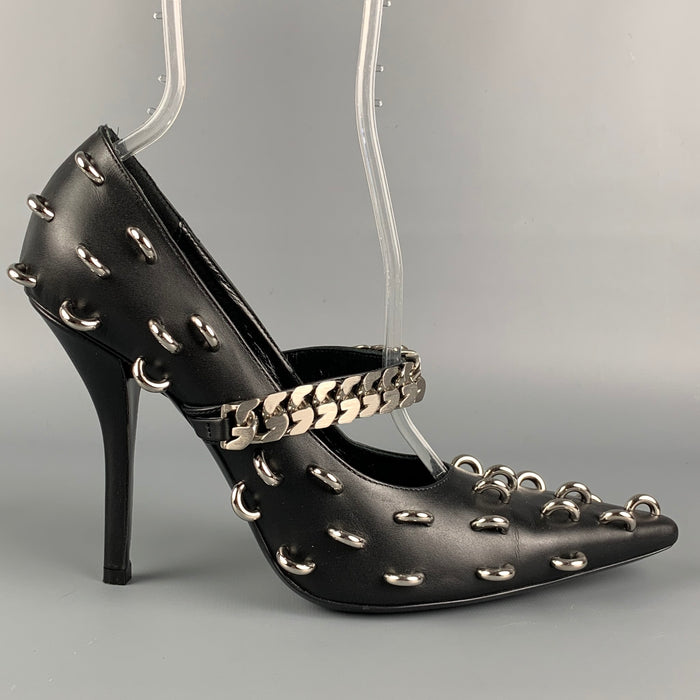 GIVENCHY Size 8 Black Silver Leather Chain Mary Jane Pumps