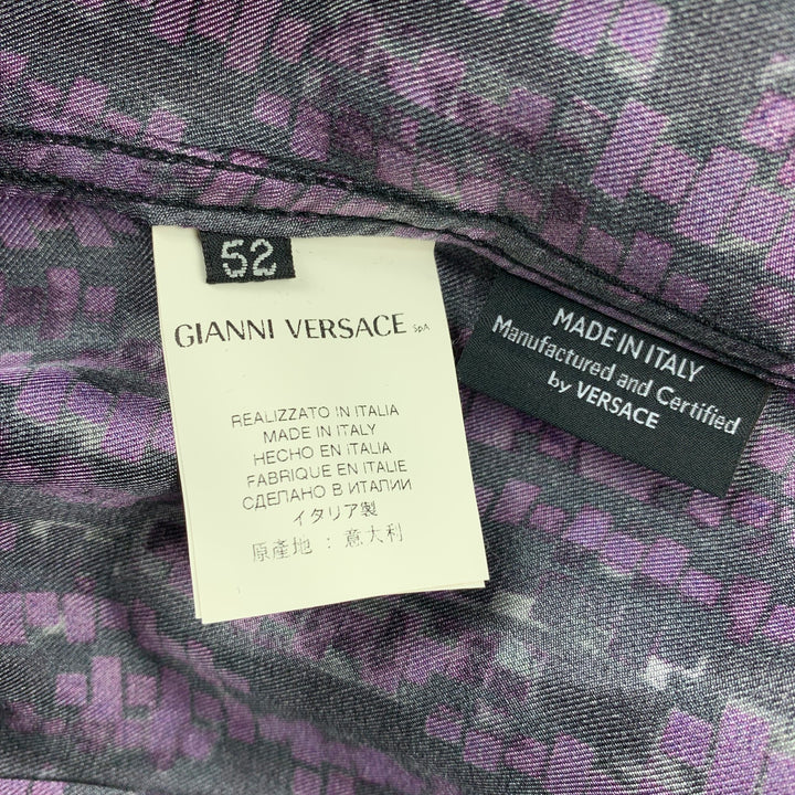 VERSACE Size L Purple & Black Print Silk Button Up Long Sleeve Shirt
