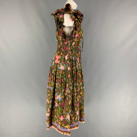 ULLA JOHNSON Size 2 Green Multi-Color Cotton Floral Sleeveless Long Dress