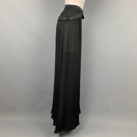 VALENTINO Size 8 Black Sheer Silk Chiffon Satin Belt Maxi Skirt
