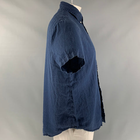 RALPH LAUREN Size L Navy Solid Linen Button Down Short Sleeve Shirt