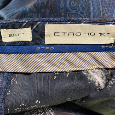 ETRO Chest Size 38 Navy Blue Paisley Wool Notch Lapel 32 31 Suit