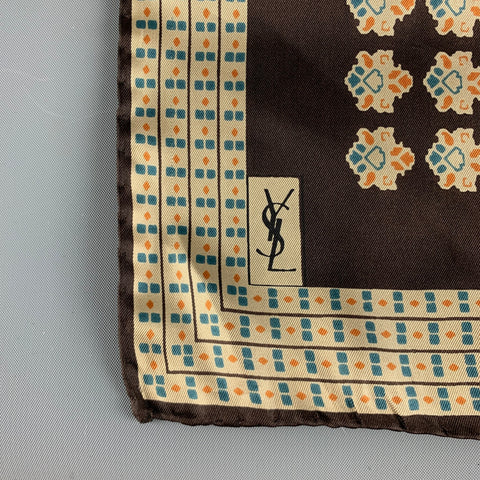 YVES SAINT LAURENT Brown Beige Abstrack Floral Silk Satin Pocket Square