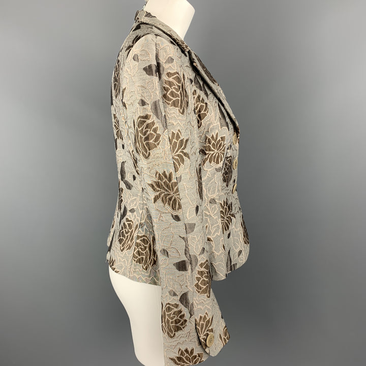 ARMANI COLLEZIONI Size 8 Grey & Taupe Floral Print Bell Sleeve Blazer