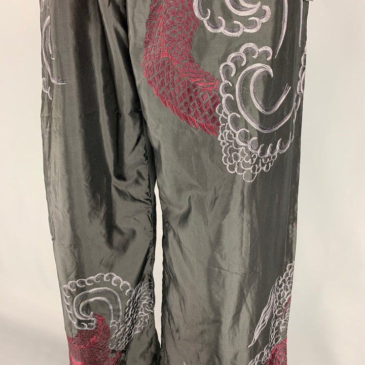 GUCCI by TOM FORD 2001 XL Black Dragon Embroidered Silk Wide Leg Karate Pants