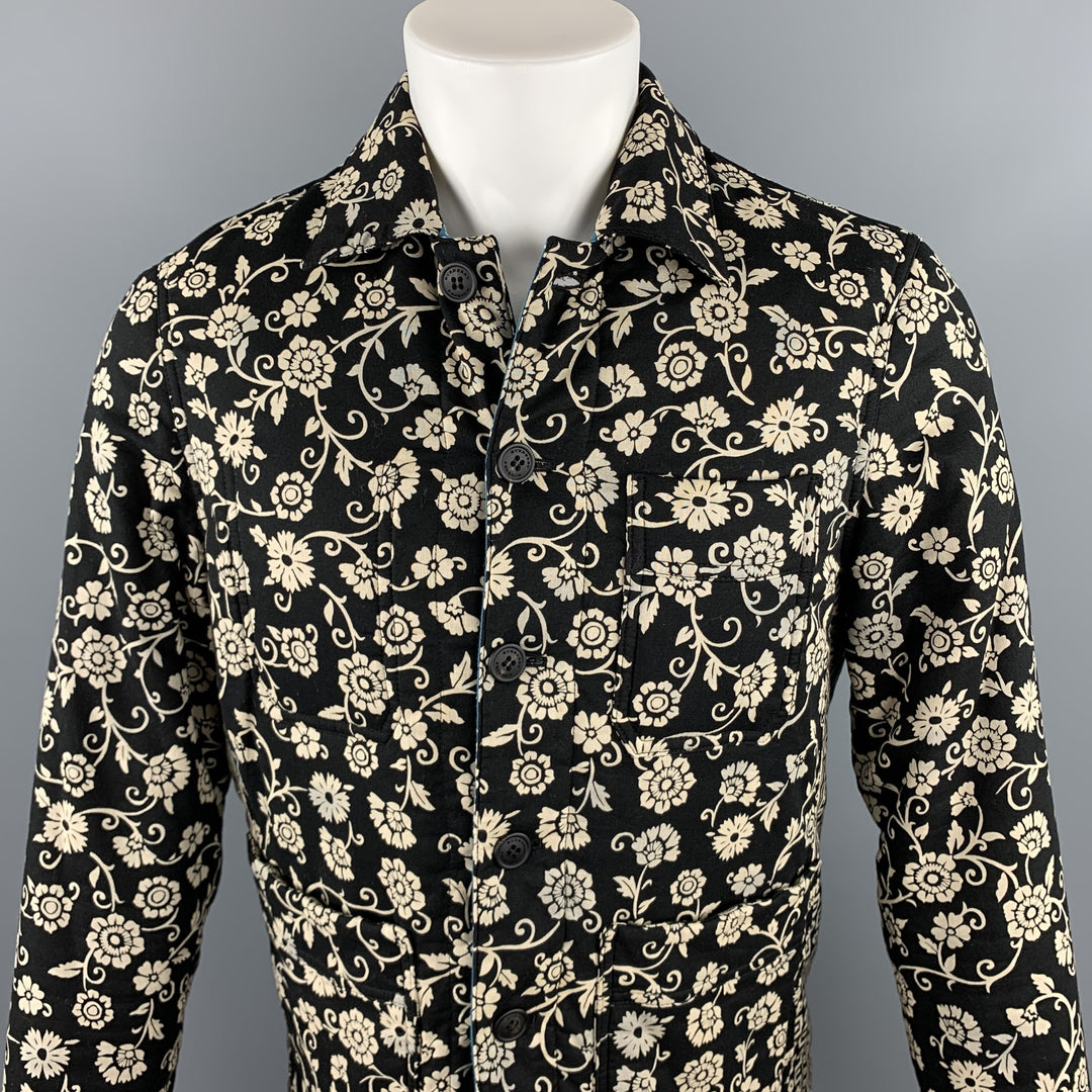 BURBERRY PRORSUM F/W 2015 Size 38 Navy & Beige Paisley Print Cotton Lined Buttoned Jacket