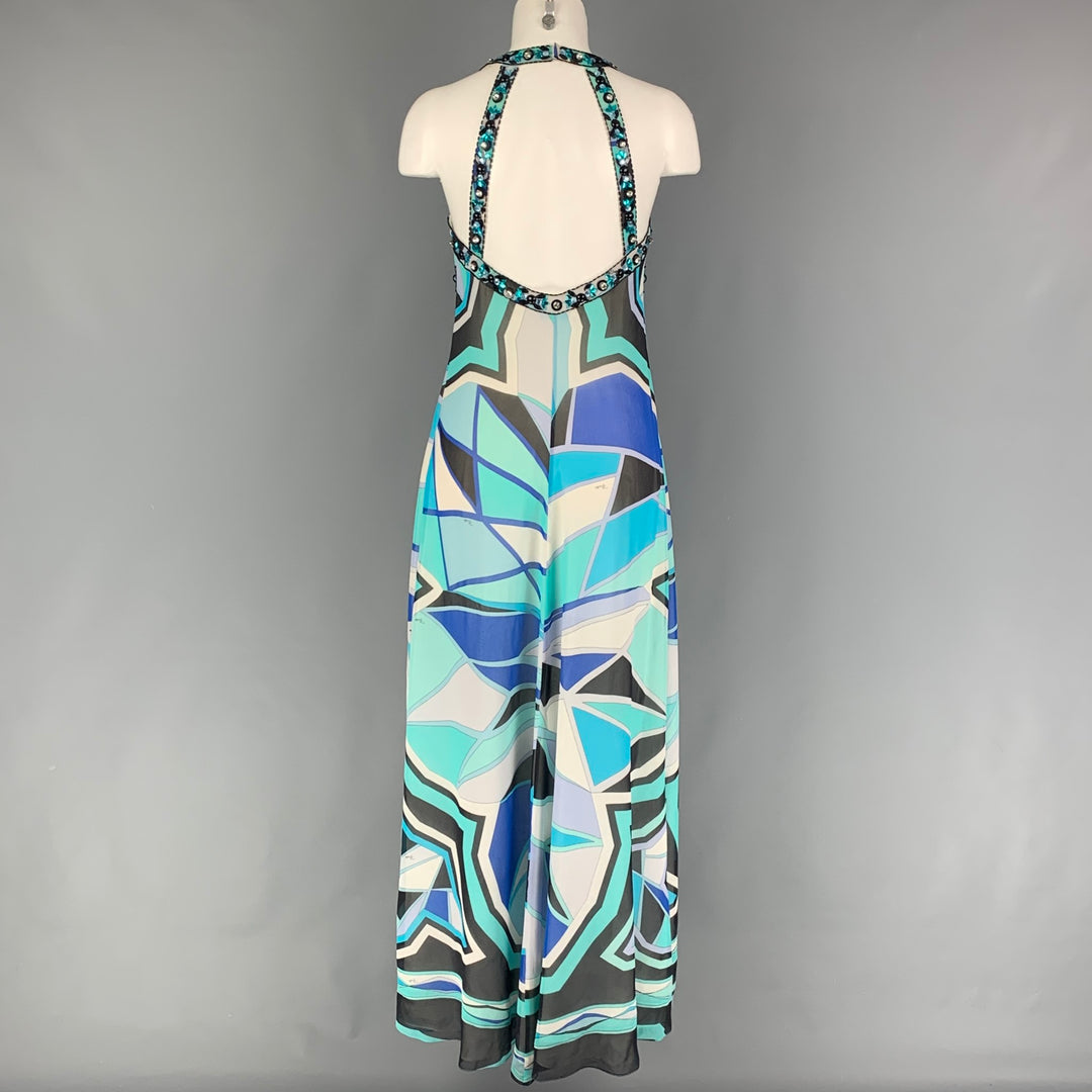 Vintage EMILIO PUCCI Size 10 Turquoise White Silk Abstract Sleeveless Cocktail Dress