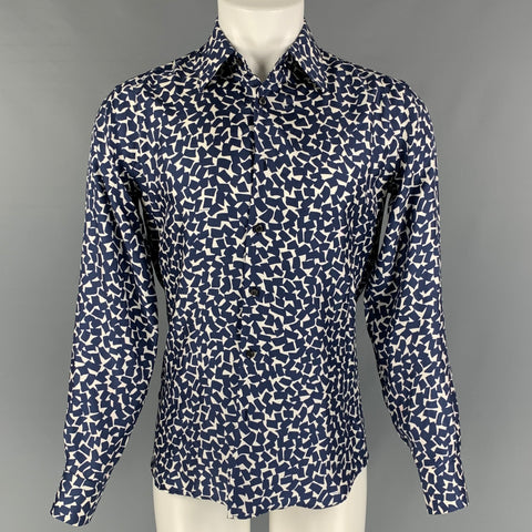 PRADA Size M Navy White Abstract Silk Long Sleeve Shirt