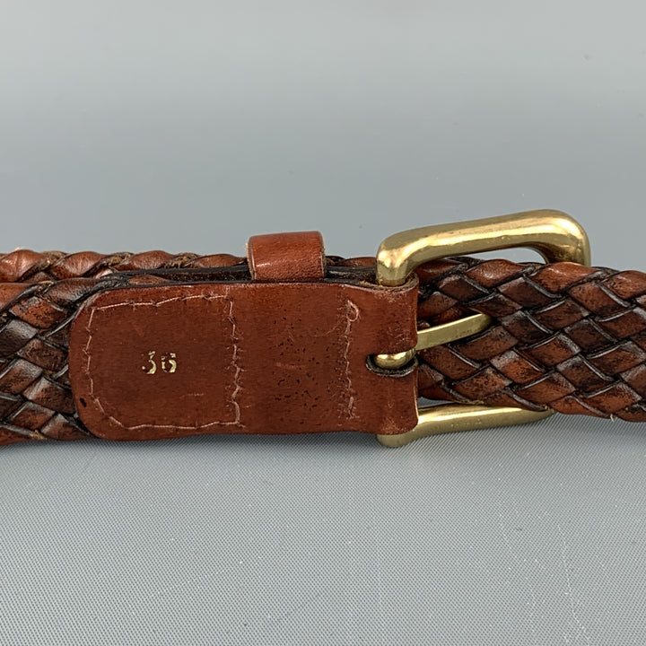 VINTAGE Sz 36 Woven Brown Leather Gold Brass Buckle Belt