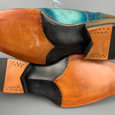 PAUL PARKMAN Size 8 Turquoise Brown Perforated Leather Wingtip Shoes
