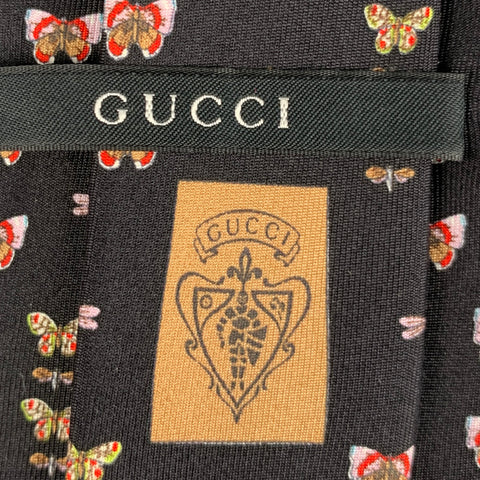GUCCI Black Multi-Color Butterfly Silk Tie