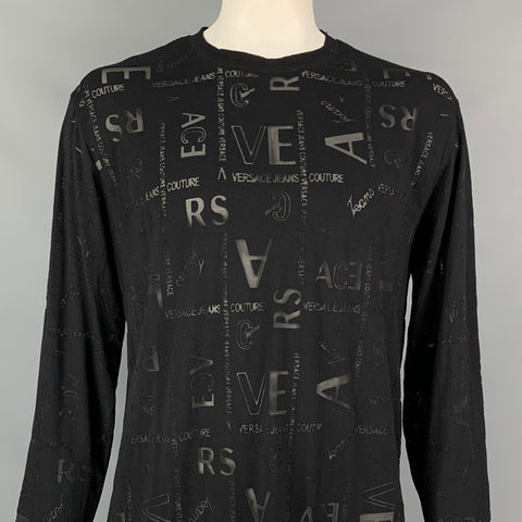 VERSACE JEANS COUTURE Size XXXL Black See Through Logo Viscose Blend Crew-Neck Pullover