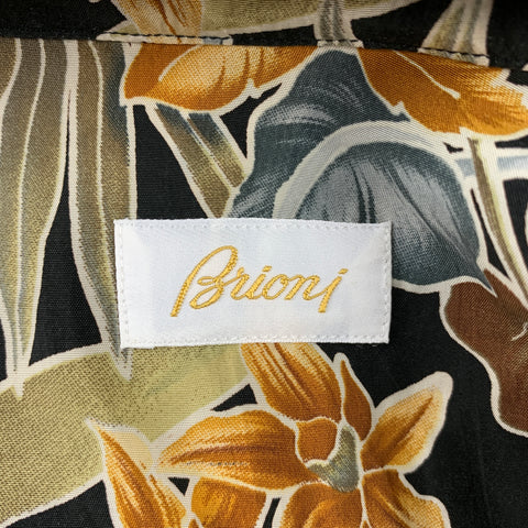 BRIONI Size M Black & Tan Floral Rayon Camp Short Sleeve Shirt