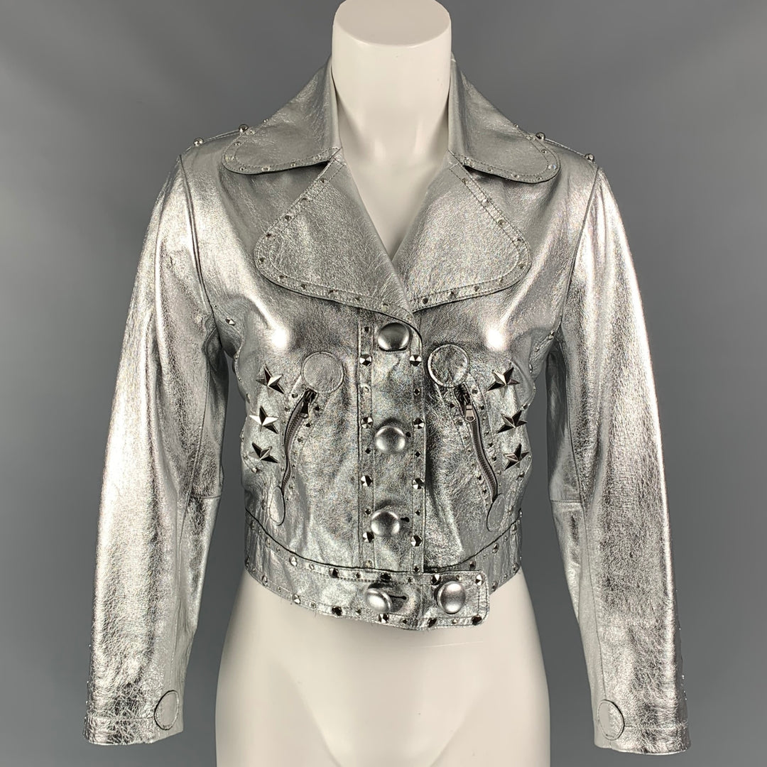 MARC by MARC JACOBS Size 6 Silver Leather Studded Rhinestones Cropped Jacket