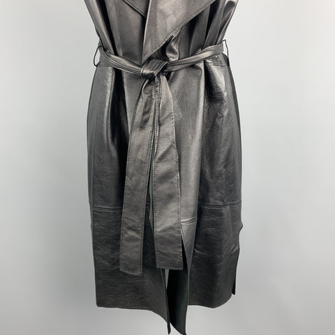 ST. JOHN Size S Black Draped Leather Front Wool Blend Knit Back Vest Coat