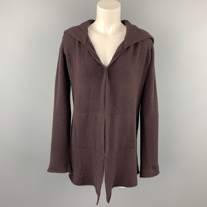 CASMARI Size S Brown Knitted Cashmere Hooded Open Front Cardigan