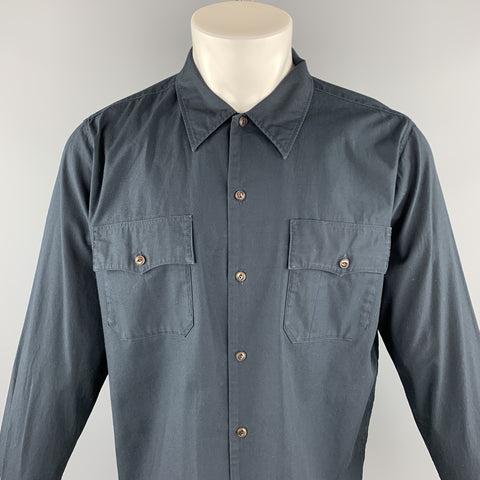 CHIMALA Size M Navy Solid Cotton Button Up Long Sleeve Shirt