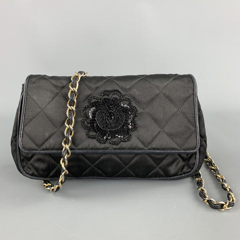 Vintage CHANEL Black Quilted Nylon Leather Trim Cross Body Handbag