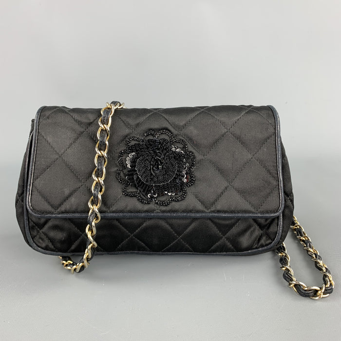 Vintage CHANEL Black Quilted Nylon Leather Trim Cross Body Handbag