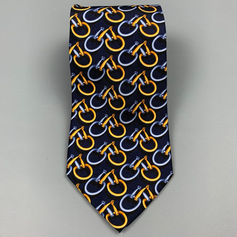 Corbata de seda ecuestre azul marino y dorada de GUCCI