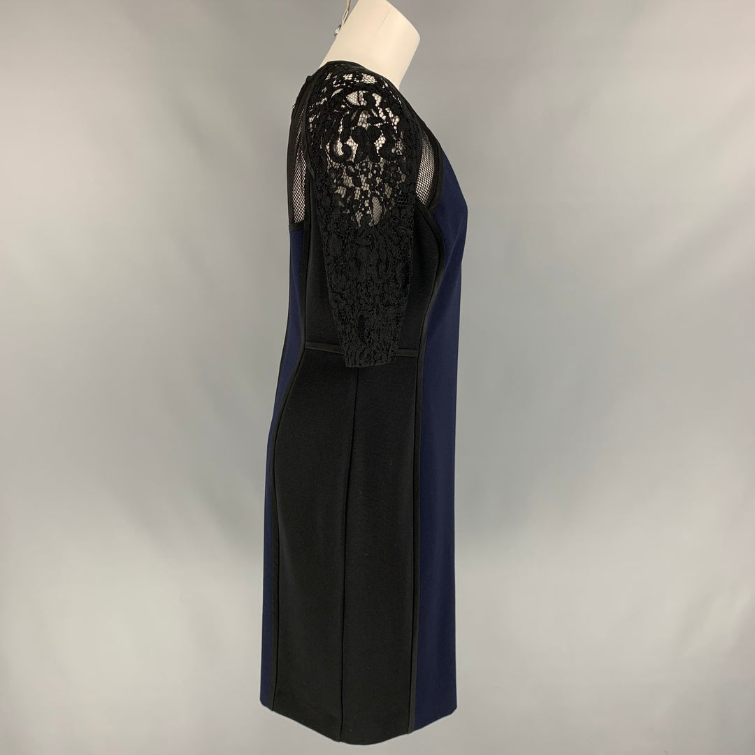 REBECCA TAYLOR Size 10 Black & Navy Rayon Blend Below Knee Sheath Dress