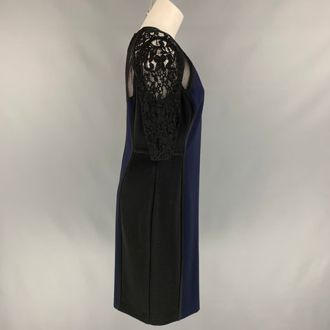 REBECCA TAYLOR Taille 10 Robe fourreau en mélange de rayonne noire et marine sous le genou