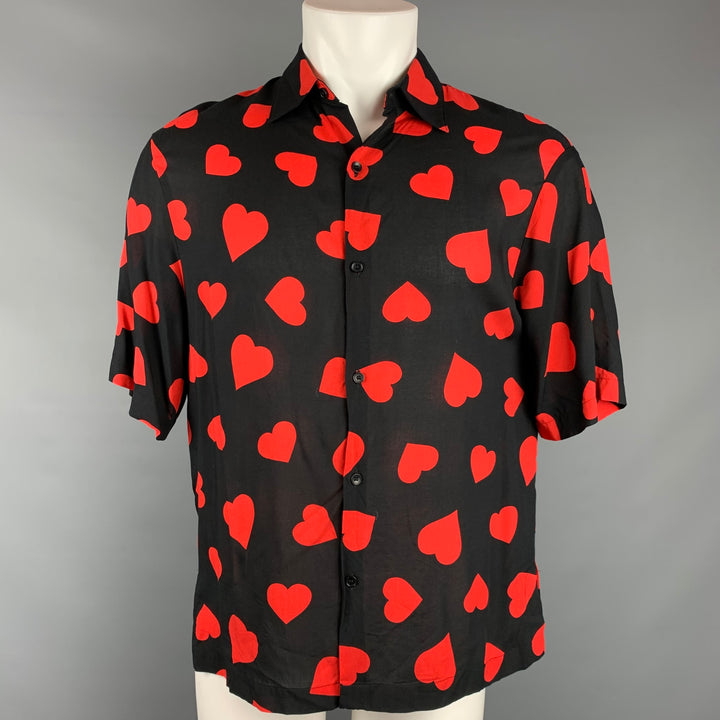 SANDRO Size L Black & Red Heart Print Viscose Button Up Short Sleeve Shirt