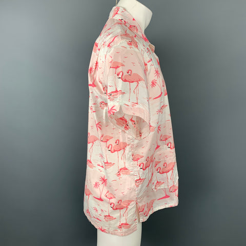 ENGINEERED GARMENTS Size M Pink & White Flamingo Print Cotton Camp Short Sleeve Shirt
